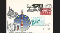 AR 25L : 1985 - Carte spéciale (décalage horaire) “Ariane V12” - oblit. flamme Les Mureaux