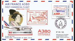 A380-105 : 2010 - Pli "1er vol Paris-Tokyo A380 Air France" voyagé à bord