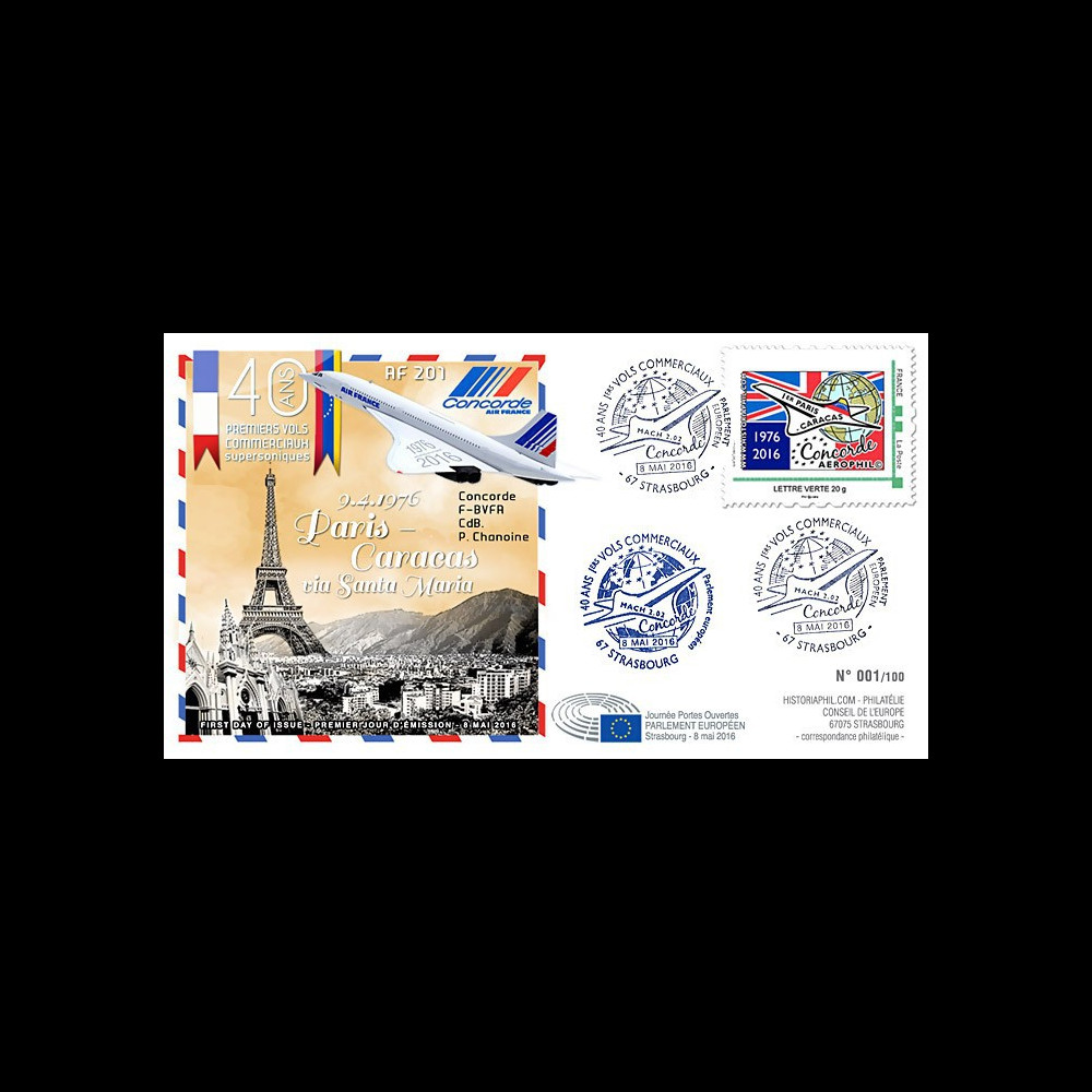 CO-RET64 : 8-5-16 - FDC PJ Parlement européen "40 ans 1er vol Concorde Paris - Caracas"