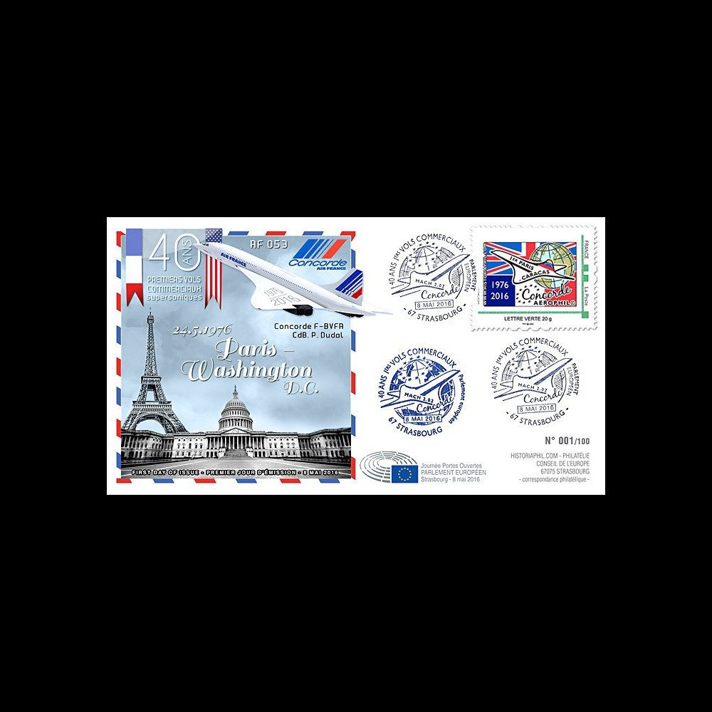 CO-RET65 : 8-5-16 - FDC Parlement européen "40 ans 1er vol Concorde Paris - Washington"