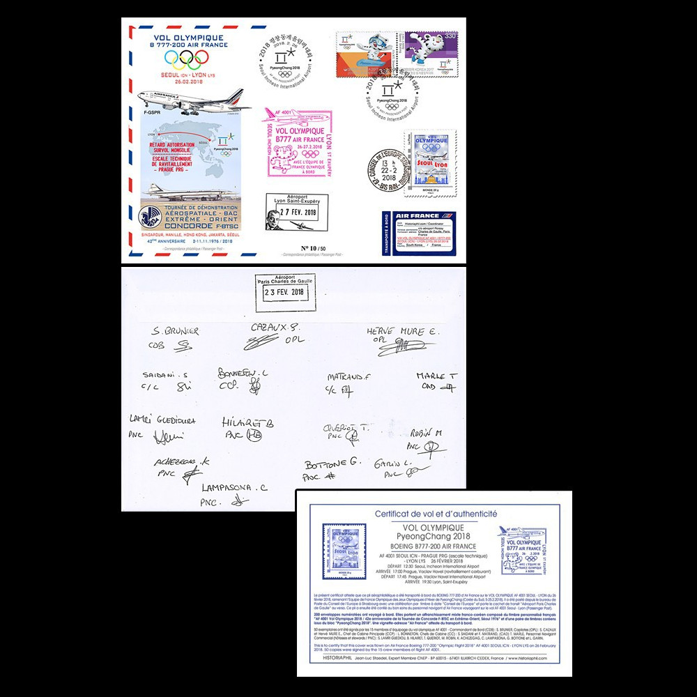 JO2018-1D : 2018 - FFC voyagée Vol olympique B777 AF Séoul-Lyon" signée par l'équipage